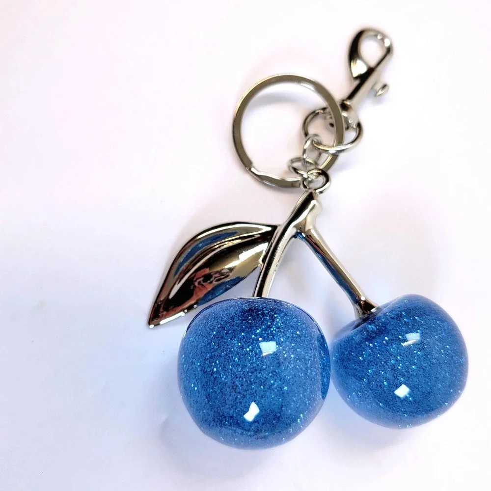 Bag Charm Keychain Glitter Resin Double Cherry Blue Women Retro Whimsical